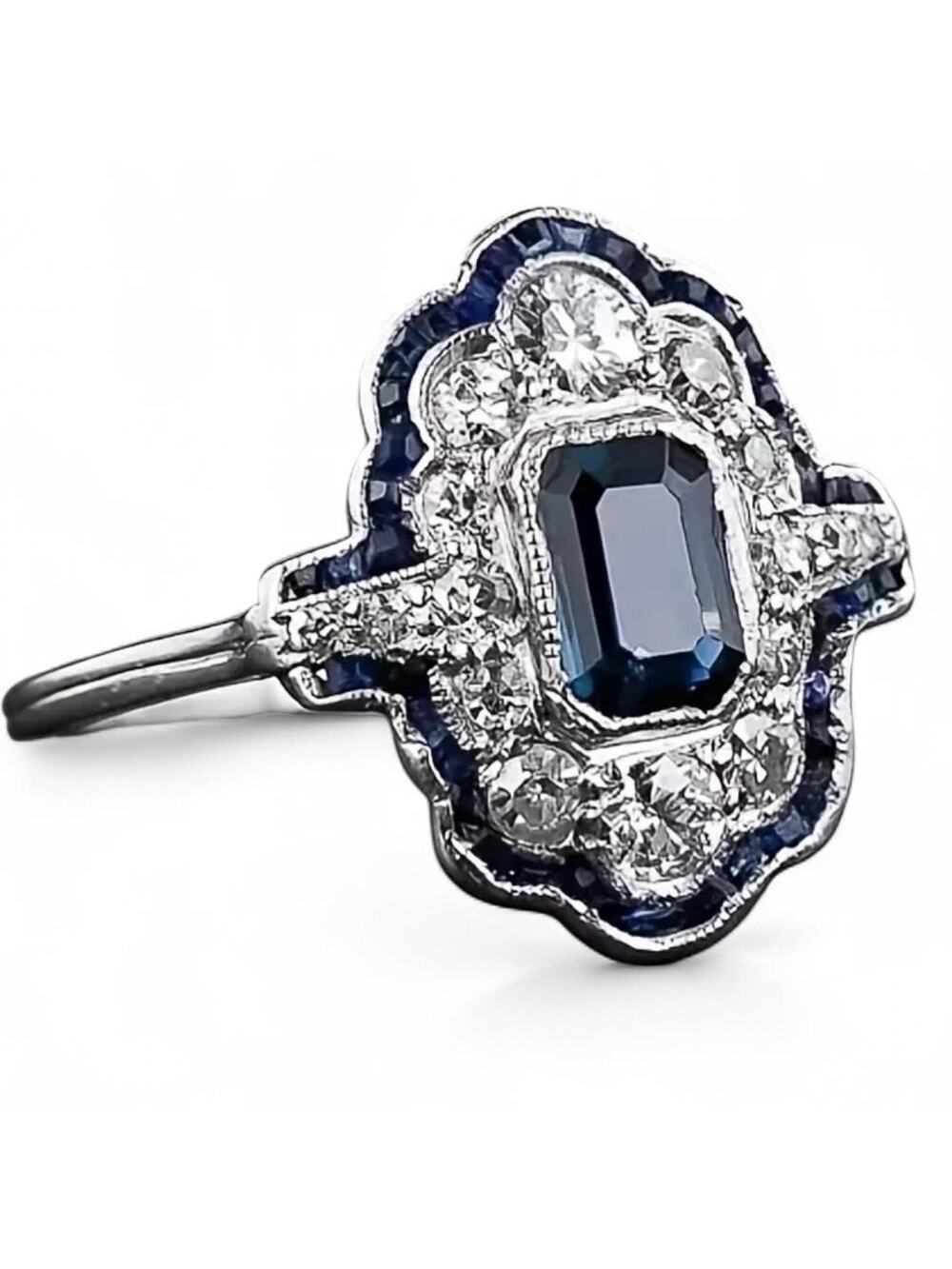 Vintage Inspired Silver Art Deco Ring Blue White Zirconia Micro Paved 8 Regency